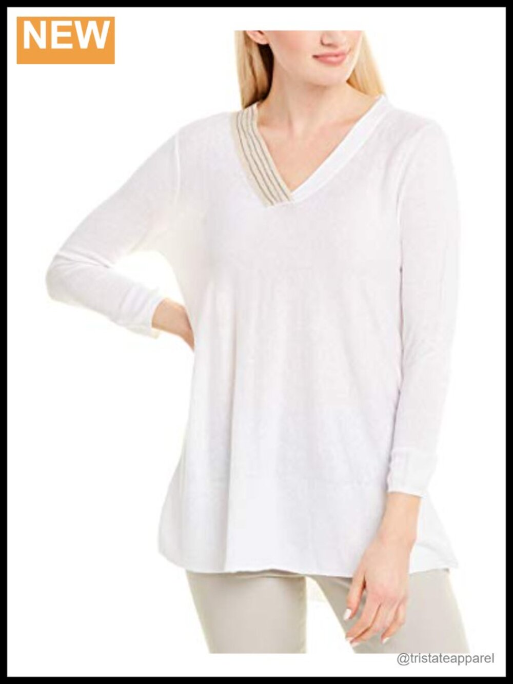 Lightweight Beaded V-Neck 3/4 Sleeve Pullover Sweater